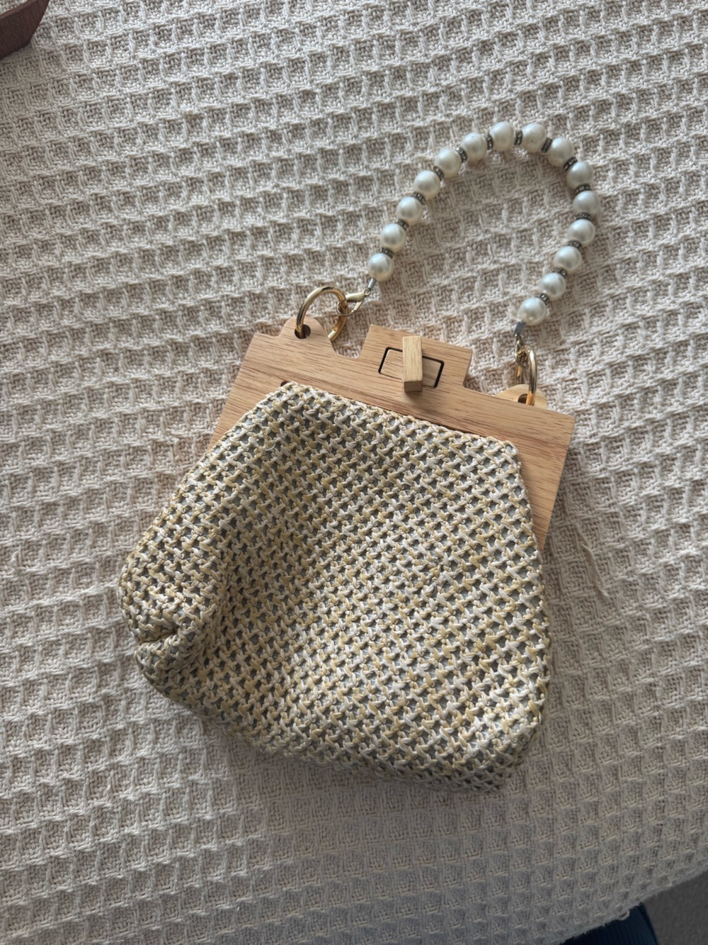 Pearl-Handle Woven Tote Bag in Natural Gold